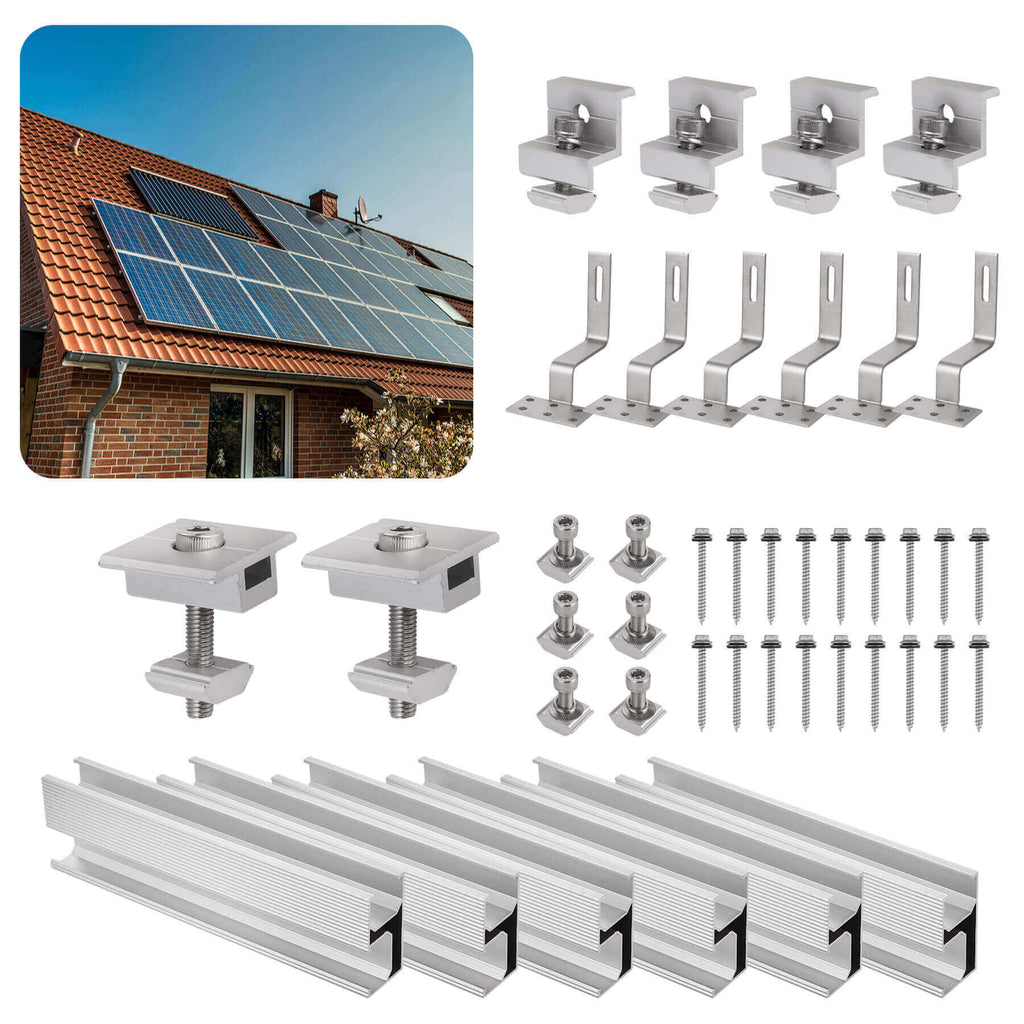 Kit Supporto Pannello Solare Per Tetto In Mattoni Warmfay - Gancio E Binario Alluminio Per 1 Modulo 30-35mm
