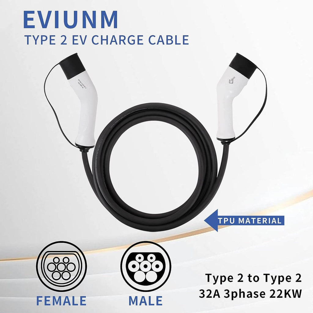 Câble de recharge EVIEUN 7.2kW 5M 32A monophasé Type 2 vers Type 2 – Evieun